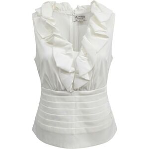 JR Nites Carol Lin Ruffle Neck Blouse Women Size 6 White Sleeveless Pleated Top